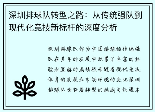 深圳排球队转型之路：从传统强队到现代化竞技新标杆的深度分析